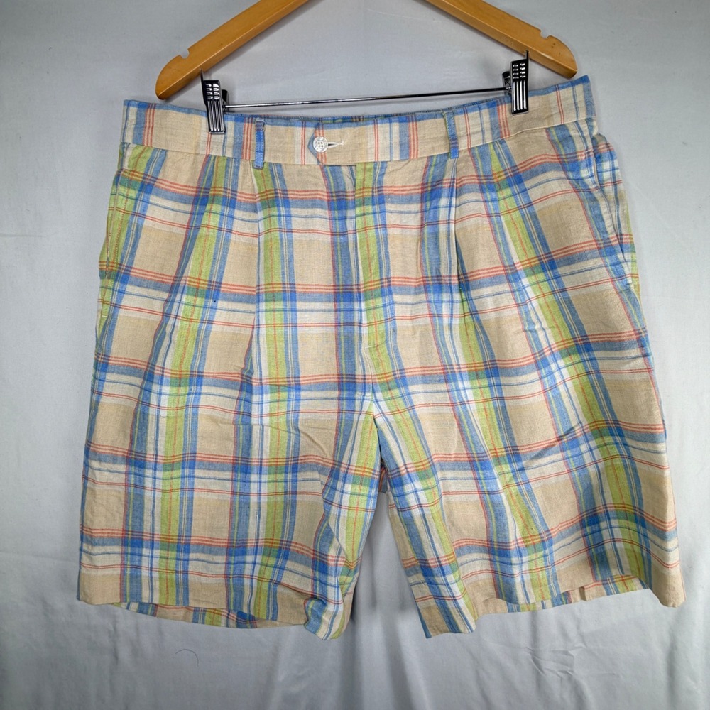 Fairway & Greene Golf Shorts W38 Multi Color Plaid Pleated 100% Linen Mens